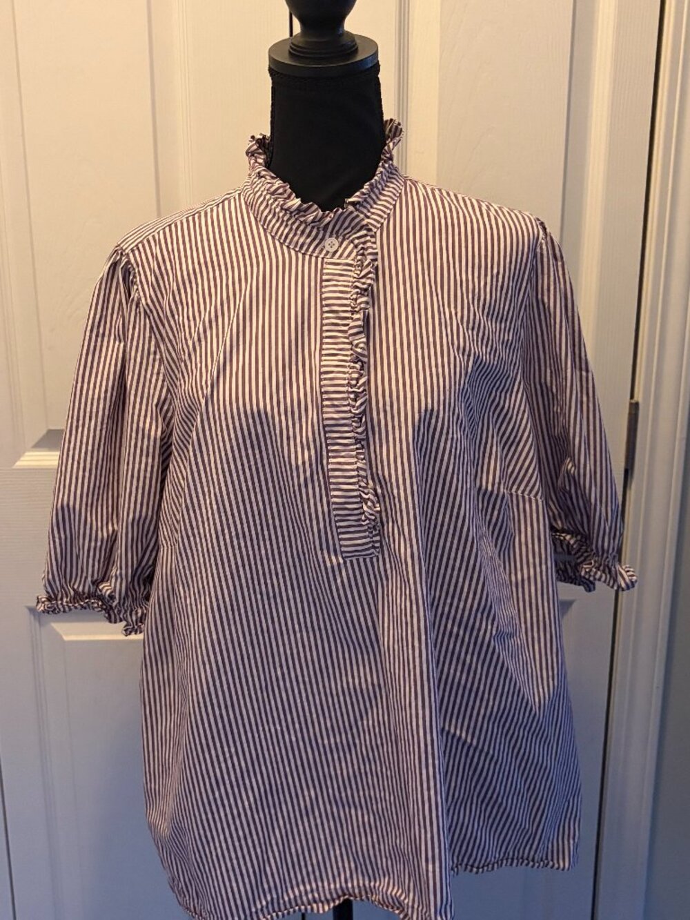 Belle Isle by Torrid Striped Ruffle Button Collared Blouse Purple White